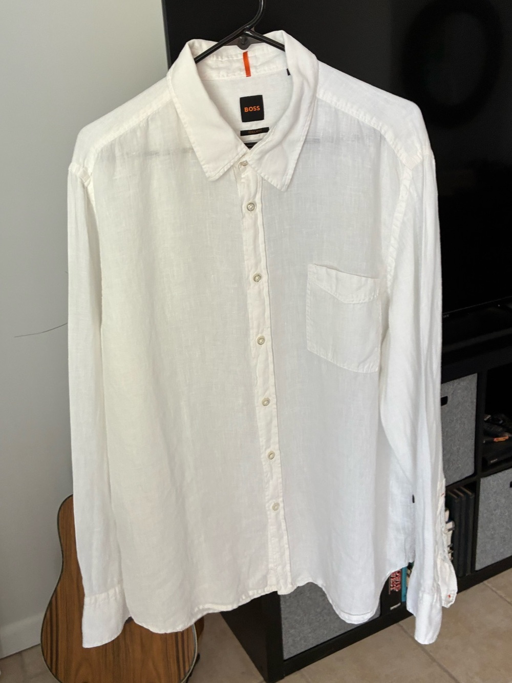 BOSS Hugo Boss White Linen Shirt Mens XXL Long Sleeve Casual Button Down Regular
